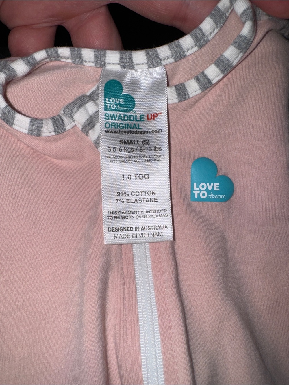 Love to dream Pink Zip-Front Swaddle Sleep Sack with Stripe Trim 1.0 TOG 8-13Ibs - Picture 3 of 3